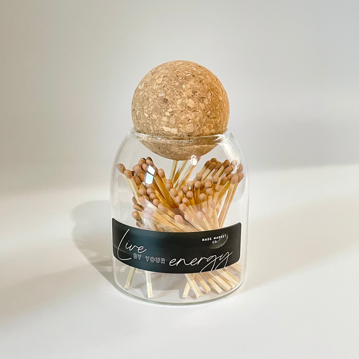 Apothecary long Matches in glass jar with cork ball stopper and striker for candles