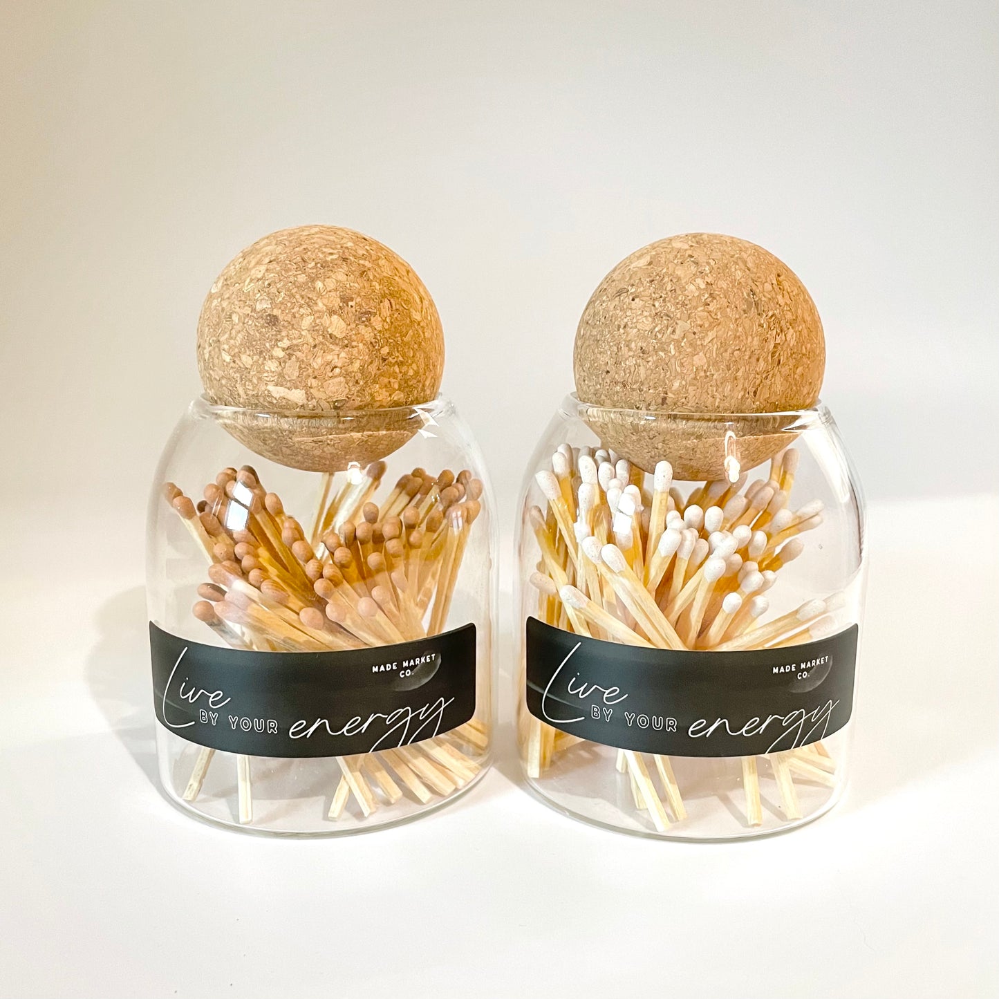 Apothecary long Matches in glass jar with cork ball stopper and striker for candles