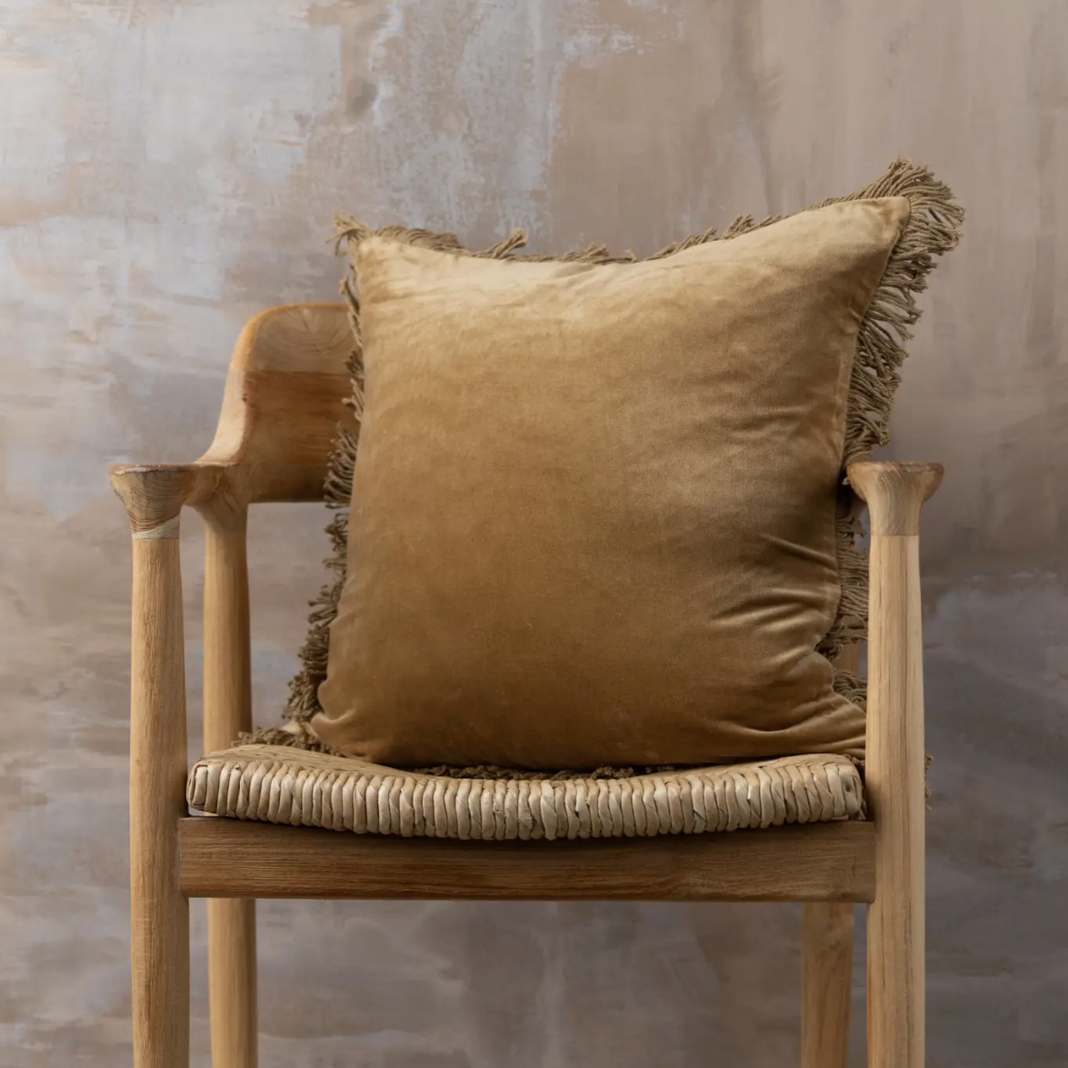 Nutmeg Velvet Square Cushion with Fringe
