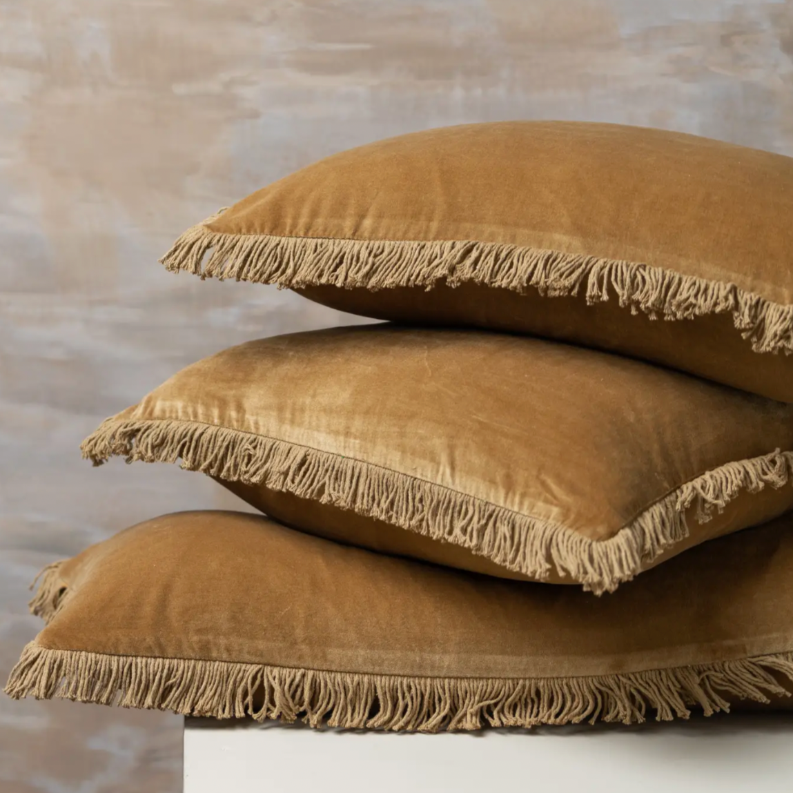 Nutmeg Velvet Square Cushion with Fringe