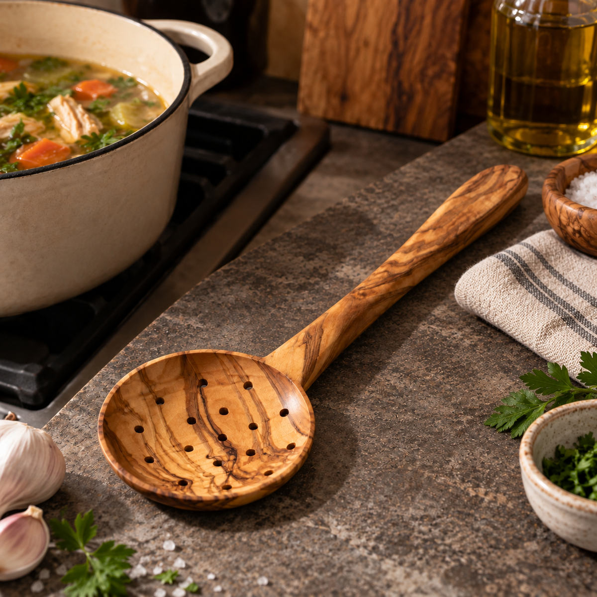 Olive Wood Strainer Spoon