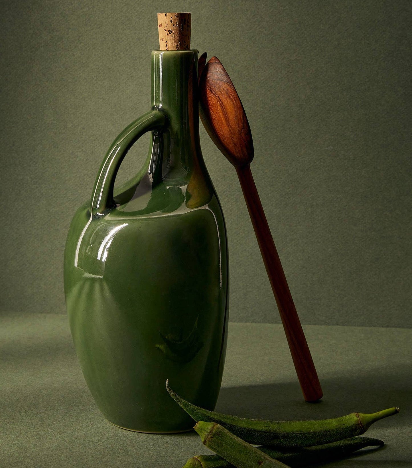 Stoneware Olive Oil Bottle  |  Shiny Green