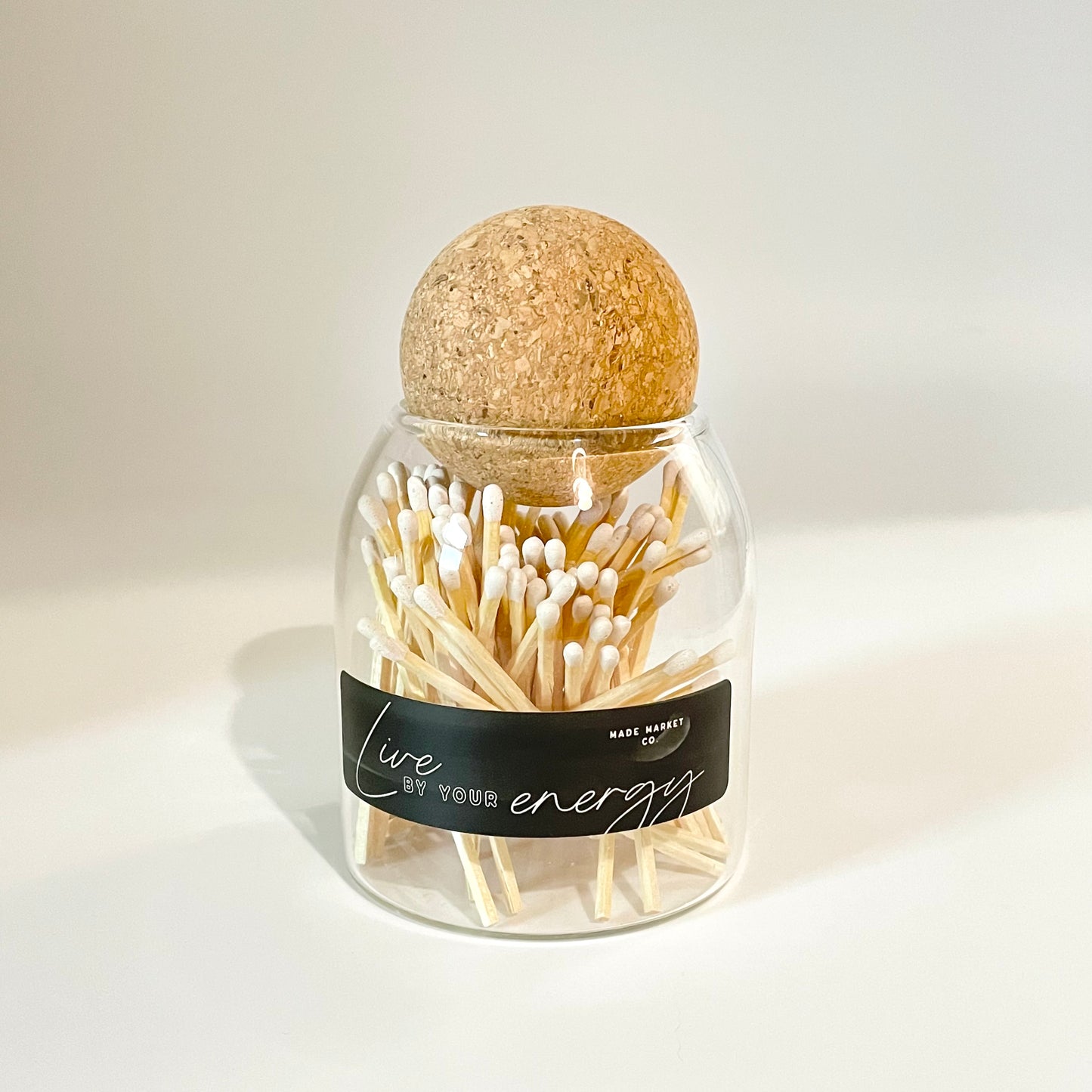 Apothecary long Matches in glass jar with cork ball stopper and striker for candles